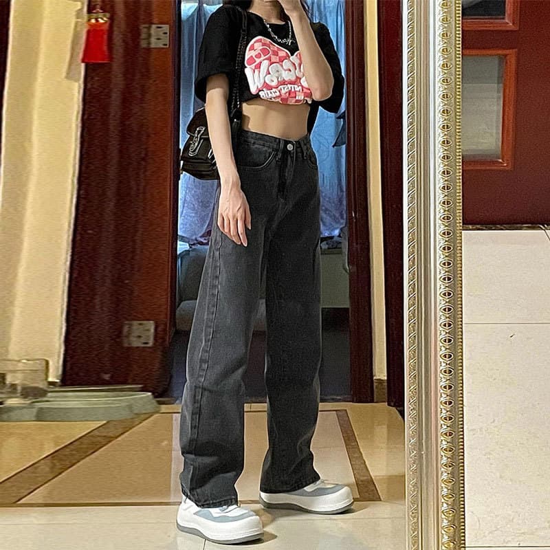 Spring/Autumn Black-Gray High-Waist Straight-Leg Jeans for Women, Loose Casual Korean Style, Pear-Shaped Flattering, Draped Wide-Leg Floor-Length Pants, Summer