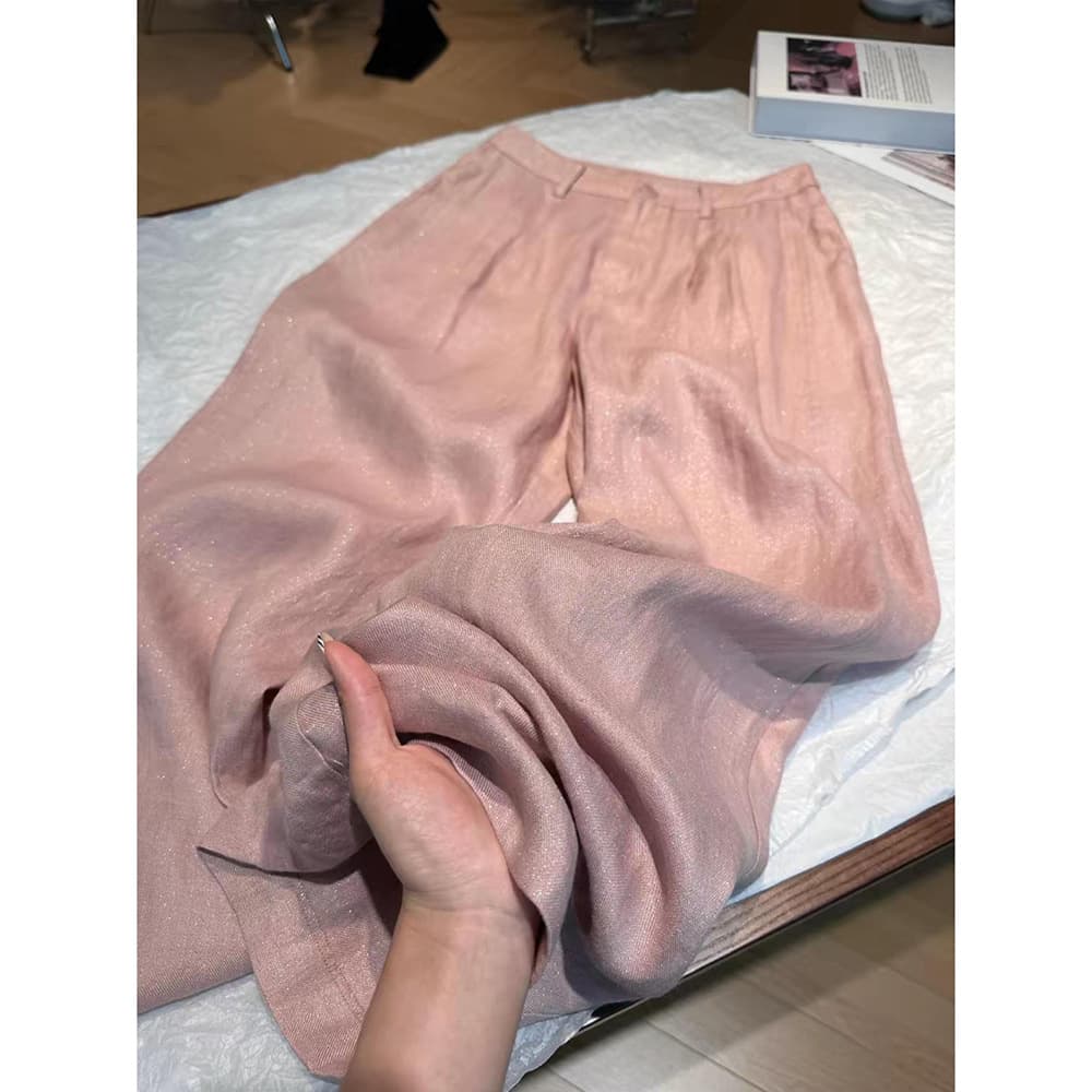 Pink Fine Glitter Linen Pants for Women 2026 New Summer Heavy Craftsmanship Elegant Loose Straight Wide Leg Casual Trousers