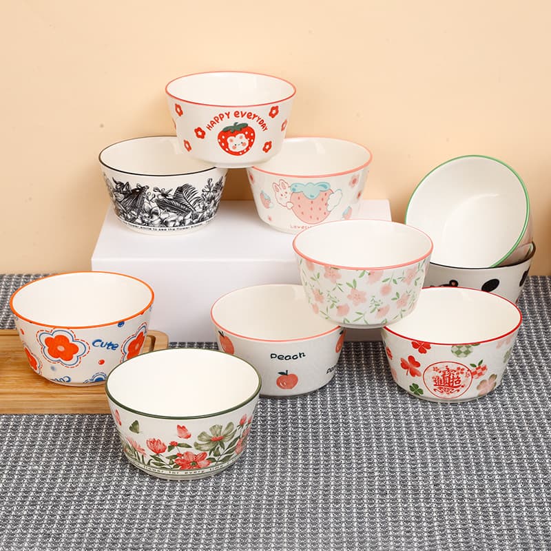 Ceramic 4.6-Inch Slanted Rim Rice Bowl, Underglaze Color Dinnerware, Wholesale Restaurant Rice Bowl, Popular White Porcelain Round