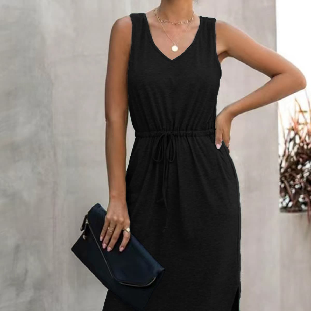 2024 European and American cross-border V-neck solid color spring and summer women's irregular waist round neck vest dress European and American style