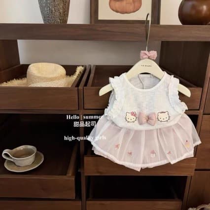 [Sweet and Cute] Pink Katie! Baby girl cartoon vest, pink plaid lace pants, cute and stylish suit
