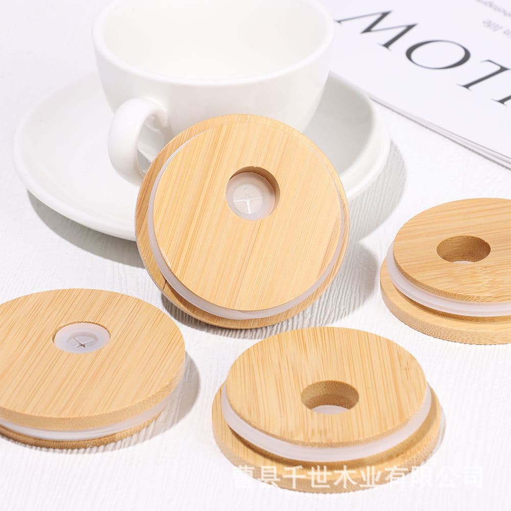 Customized Bamboo Lid with Straw Hole Mason Jar Lid Coffee Mug Solid Wood Cup Lid Sealing Ring Jar Lid Wooden Lid