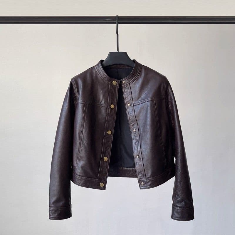 Haining short leather jacket 2025 autumn new loose casual fashion round neck leather jacket motorcycle jacket small man