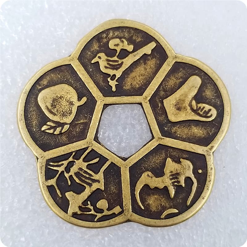 Antique Craft Brass "Long Life and Prosperity" Plum Blossom Pendant, Lucky Coin Charm
