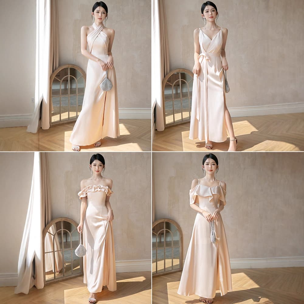 Champagne-colored satin bridesmaid dress, 2025 new style, niche and high-end, suitable for everyday wear in autumn.