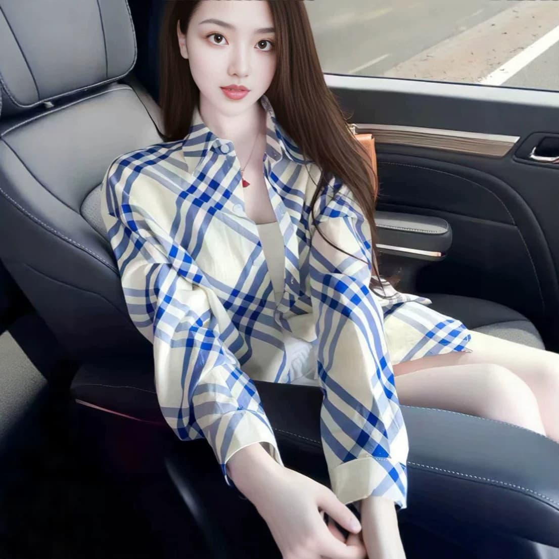 Pure desire simple blue and white plaid breasted sun protection shirt women's spring and summer outer shirt loose casual age-reducing top