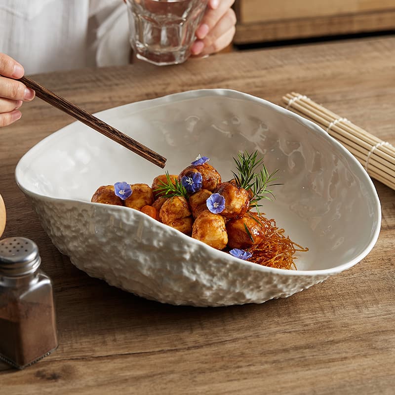 Rock Pattern Shell High-End Ceramic Plate, 2026 New Luxury Large Size Steamed Fish Soup Plate, Hotel Tableware