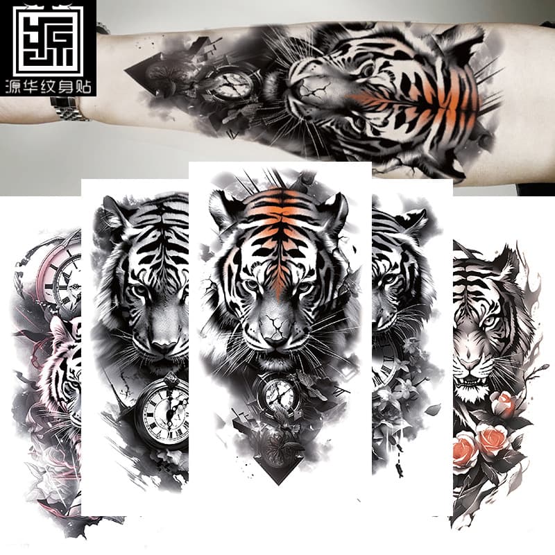 Small full-arm waterproof tattoo stickers featuring symbols, totems, animals, skulls, and text. Wholesale stock available for cross-border supply.