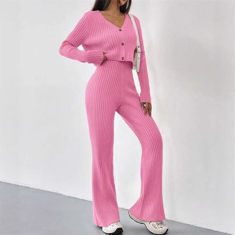 European and American Cross-Border 26 Autumn/Winter New Two-Piece Sweater Set for Women, Fashionable Casual V-Neck Ribbed Knit Top and Bottom Set