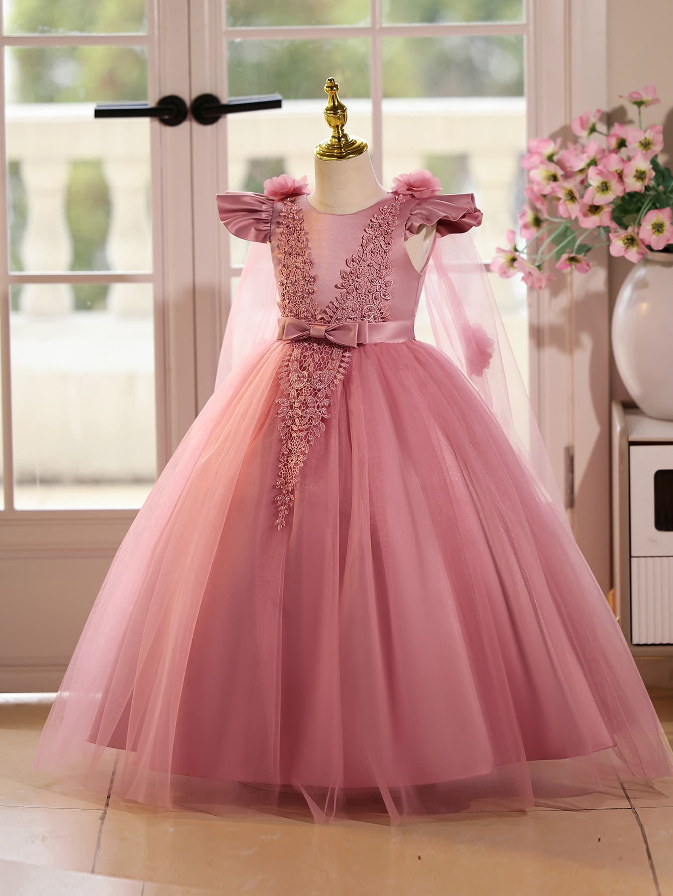 Cross-border Foreign Trade Girls' Formal Dress Summer Medium and Large Children Flower Pearl Wedding Flower Girl Performance Costume Long Dress