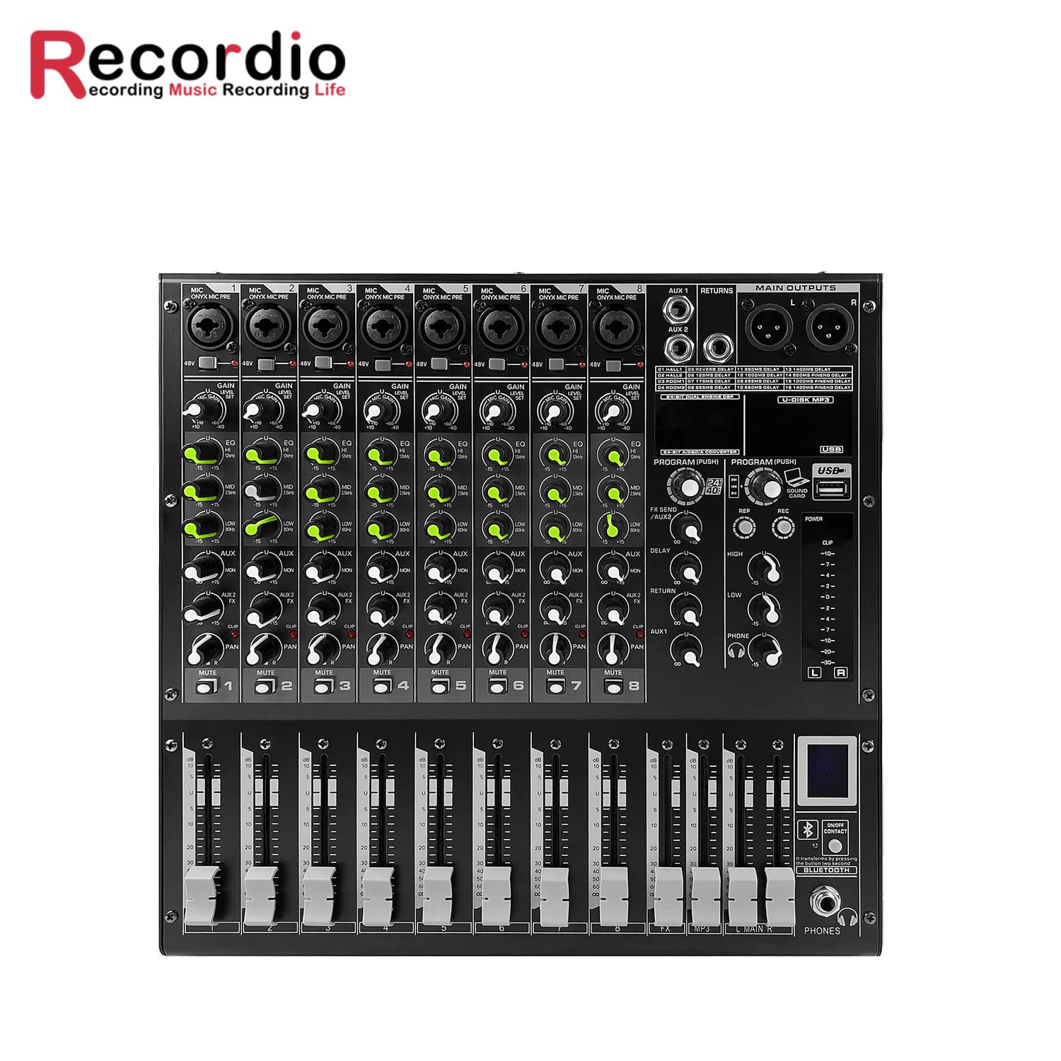 GAX-M8 8-Channel DJ Audio Mixer with 16 DSP Reverb Effects, BT5.0, USB Mixer