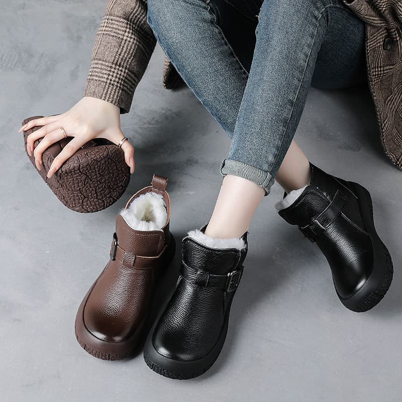 New winter short boots made of genuine leather, non-slip, warm, wool, platform, thick sole, for mothers, genuine leather cotton shoes and boots.