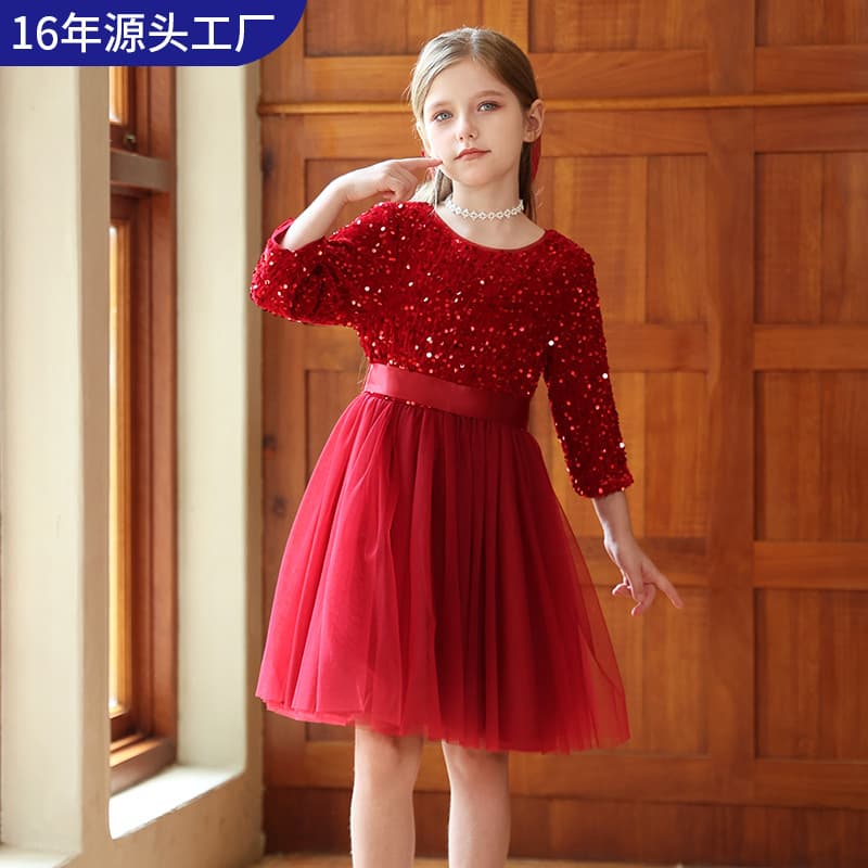 Children's Princess Dress, Elegant Girl's Gown, Flower Girl Birthday Performance Outfit, Host Wine Red High-End Sequined Dress