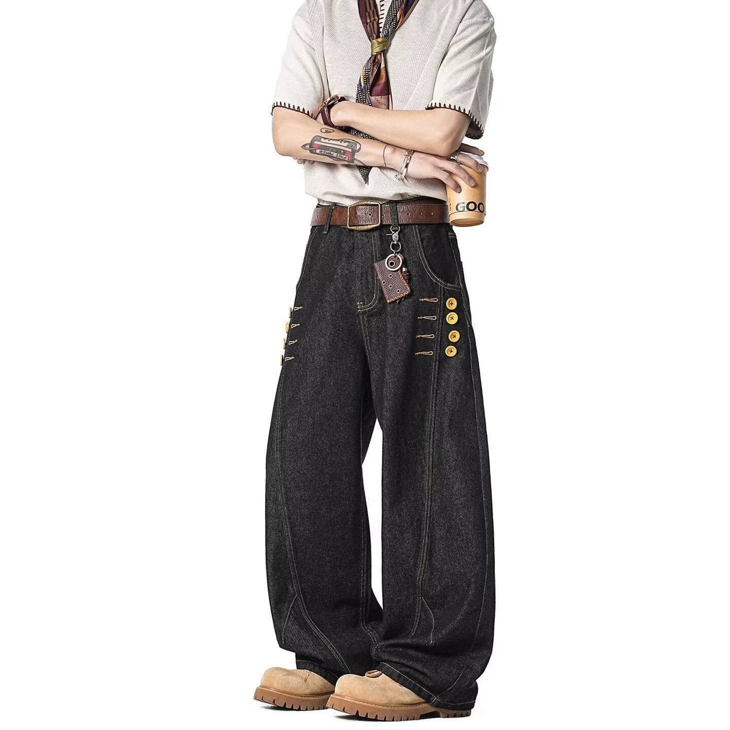 Cross-border 2026 Design Button Decorated Jeans Men's Summer Trendy Wide Leg Pants High Street Straight Pants Wholesale
