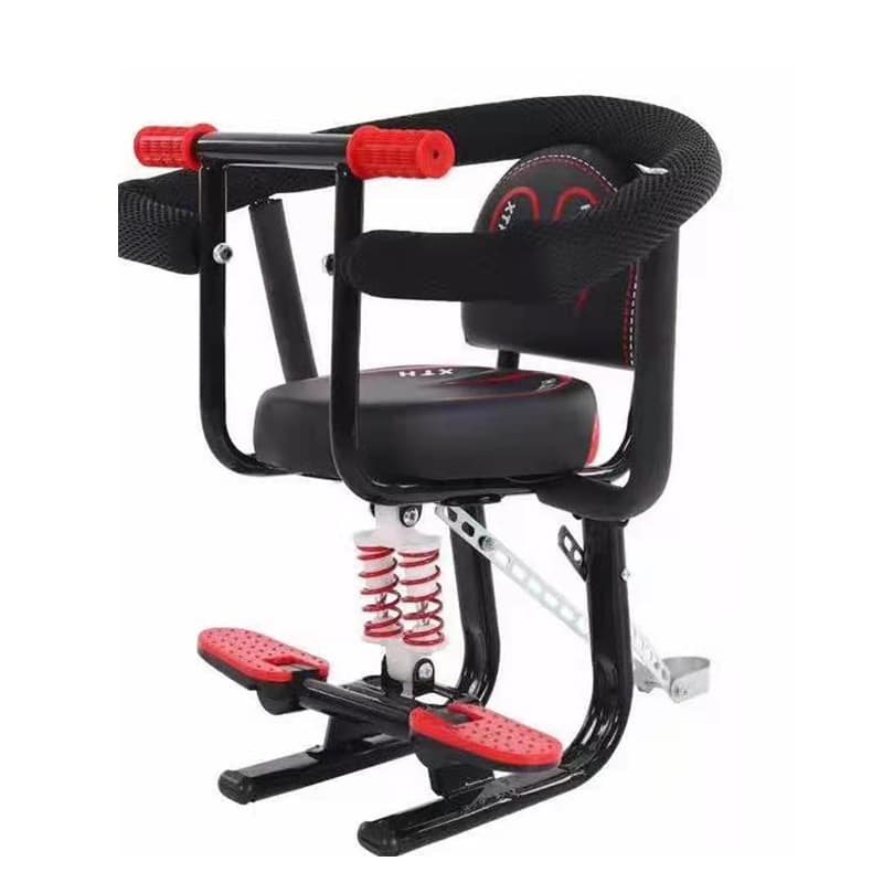Electric vehicle child seat with dual shock absorption springs; front-mounted child seat for electric bicycles and electric motorcycles.