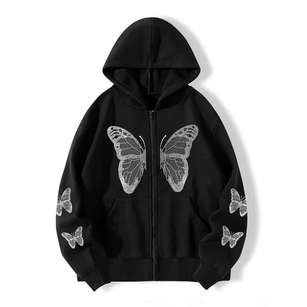 Butterfly Print Oversized Hooded Zipper Sweatshirt Jacket Y2K Street Style Comfortable Casual Unisex Coat with Pockets for Autumn Winter