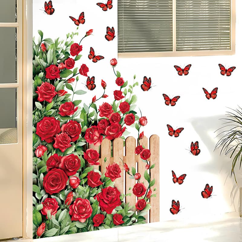 Valentine's Day Rose Wall Sticker Vine Fence Butterfly Removable Wall Sticker PVC Self-Adhesive Party Atmosphere Decorative Wall Sticker