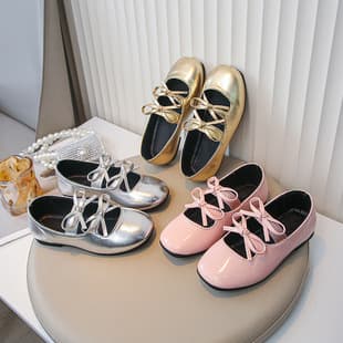 2025 Spring Autumn New Cross-Border Silver Little Girls Leather Shoes Wholesale Soft Sole Girls Performance Shoes Gold Children's Flats