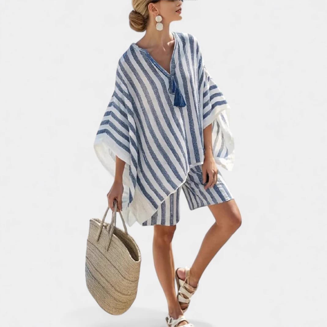 2026 European and American New Style Striped Casual V-Neck T-Shirt Linen-Like Set with Loose Shorts