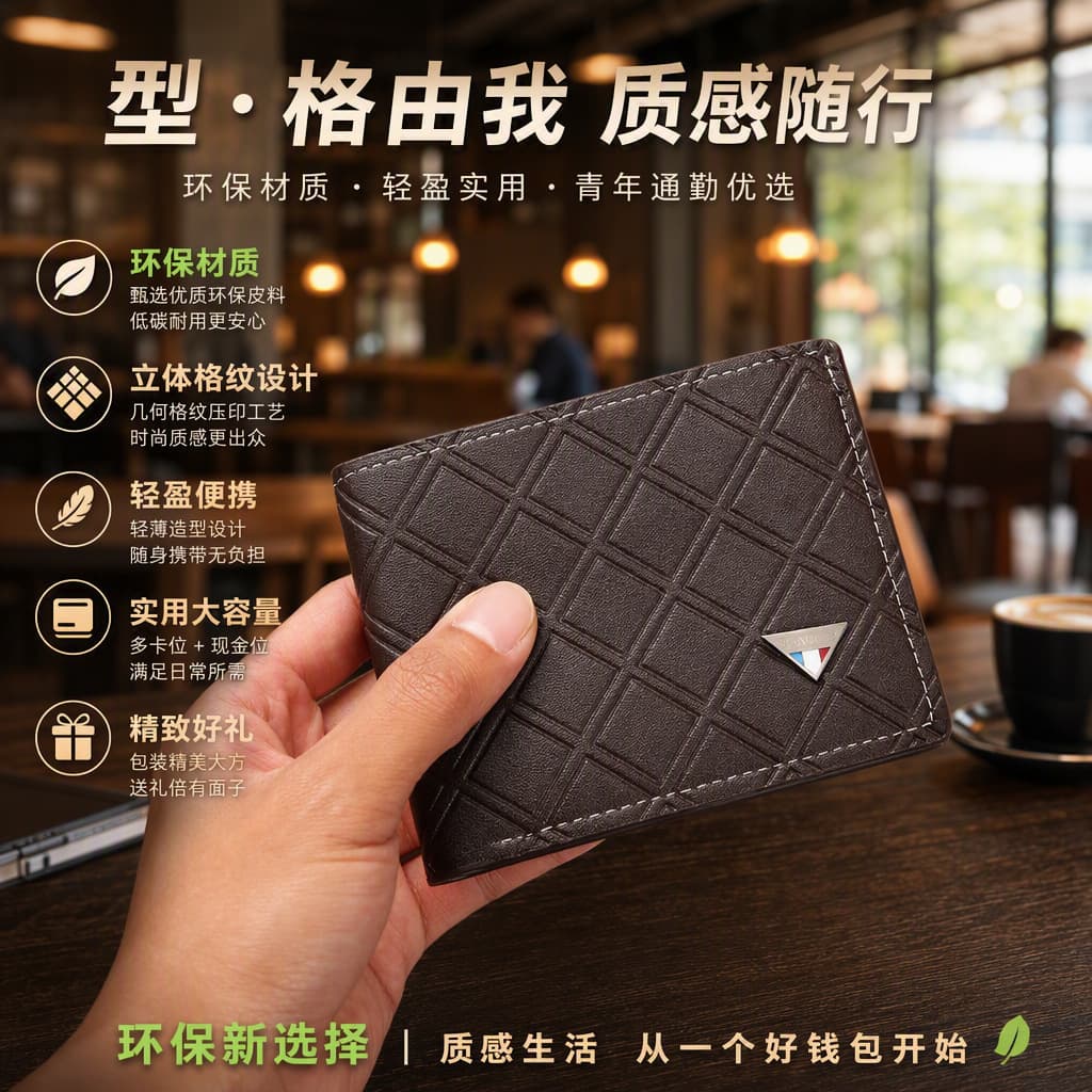 Men's Wallet Short Wallet Men's Youth Casual Plaid Multi-Card Slot Thin Soft Leather Wallet Coin Purse Geometric Print