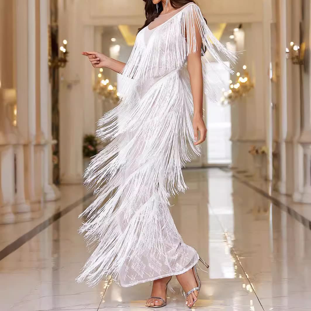 Elegant Women's Fringe Round Neck Long Dress for Wedding Party, Prom, Cocktail, Amazon Fashion