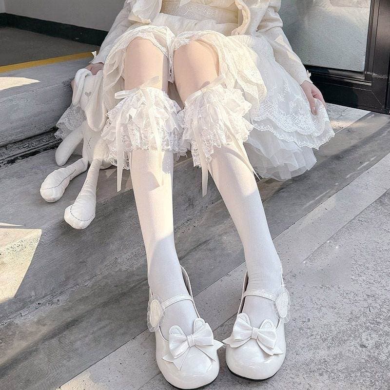 Women's Lace High Socks Japanese Lolita White Over-the-Knee High Socks Multi-layered Lace Bow Calf Socks