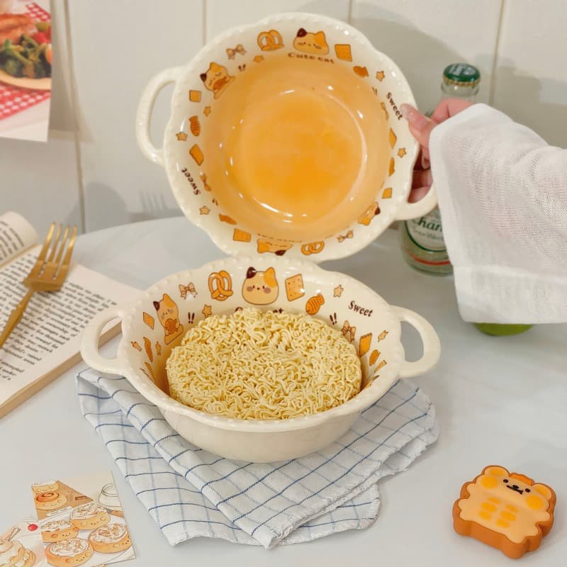 Biscuit cat ceramic double-ear bowl cute cartoon cat household large noodle bowl salad bowl large capacity powder soup basin