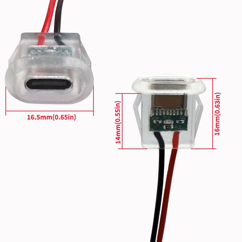 2-Pin Type-C Female Connector Waterproof Fast Charging Small Appliance DIY with LED Extension Cable USB Power Port