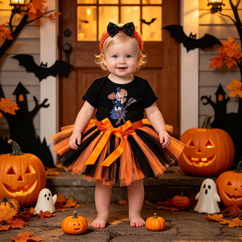 Cross-border Children's Clothing New Halloween Baby Short-Sleeve Bodysuit Orange Handmade Skirt Three-Piece Set