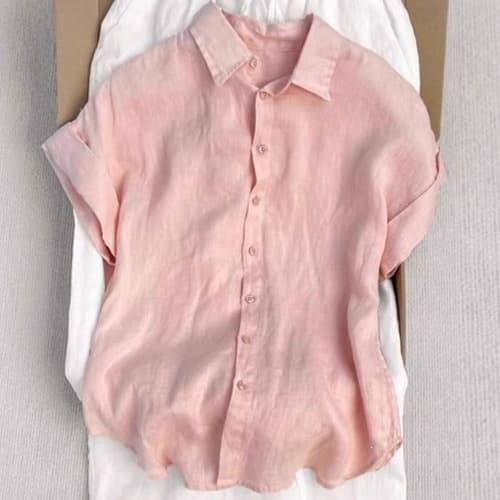 Top Recommendation! Pink Linen and Ramie Short-Sleeve Shirt for Women 2026 Summer New Loose Fit Slimming Top