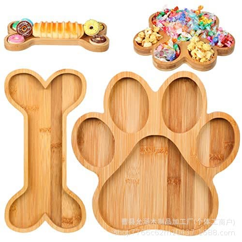 Creative wooden tray with dog paws and bones, irregular wooden plate, party snacks, fruit treats, dried fruit plate, dog food bowl