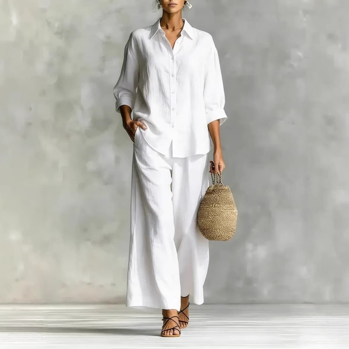 2026 New European and American Independent Station Amazon Shirt Casual Women's Cotton Linen Wide-Leg Pants Set