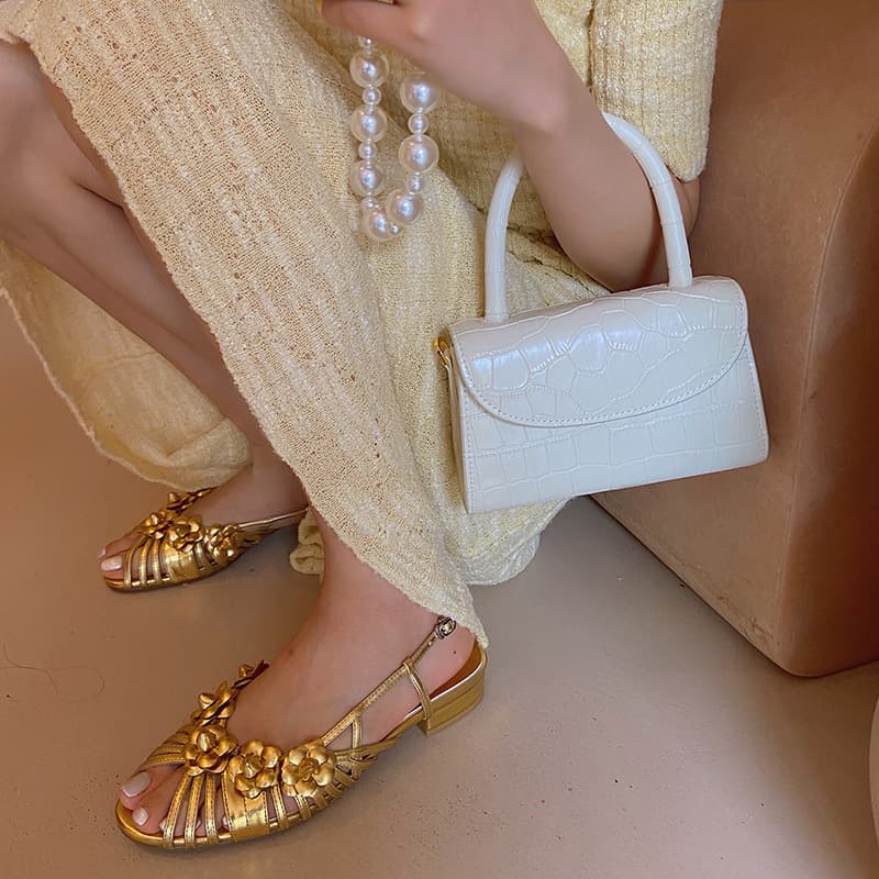 Chanel-style Hollow Camellia Sandals Women 2025 Spring Summer Peep Toe Low Heel Gold Sandals Wholesale Flat