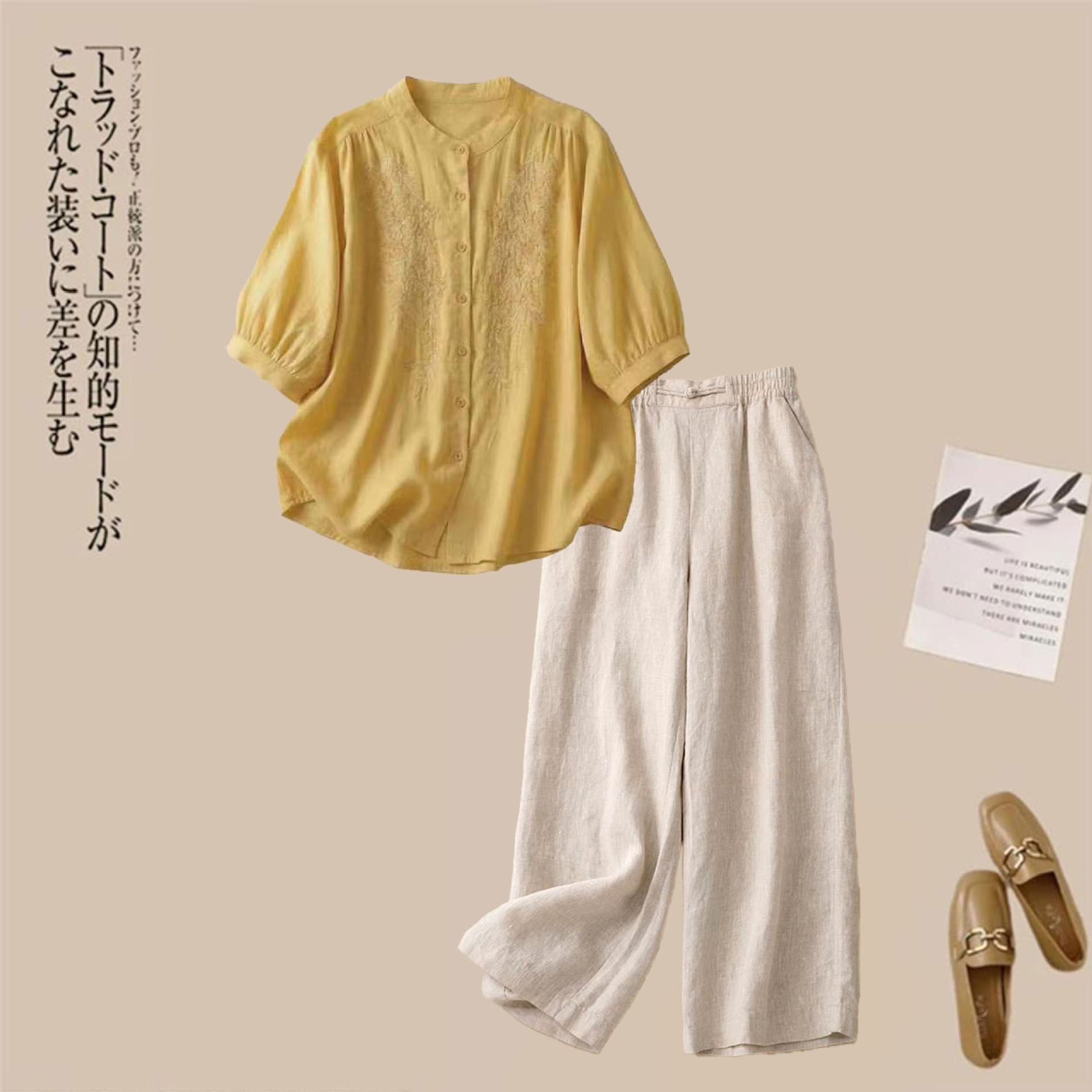 Middle-aged Mother Linen Cotton Set Women Summer 2026 New Fashion Embroidered Shirt Loose Slimming Two-Piece Top