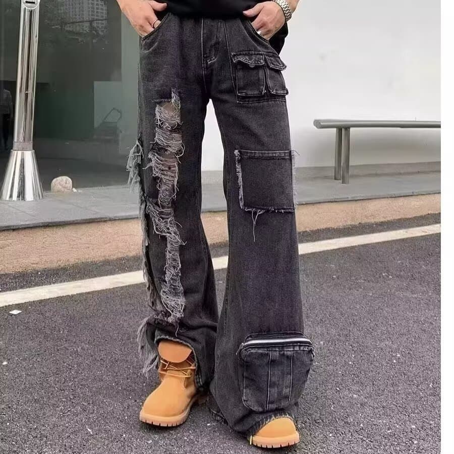 Floor-length trousers with ripped holes and many pockets, jeans with American design, trendy brand workwear, wasteland, slim, high-waisted and loose