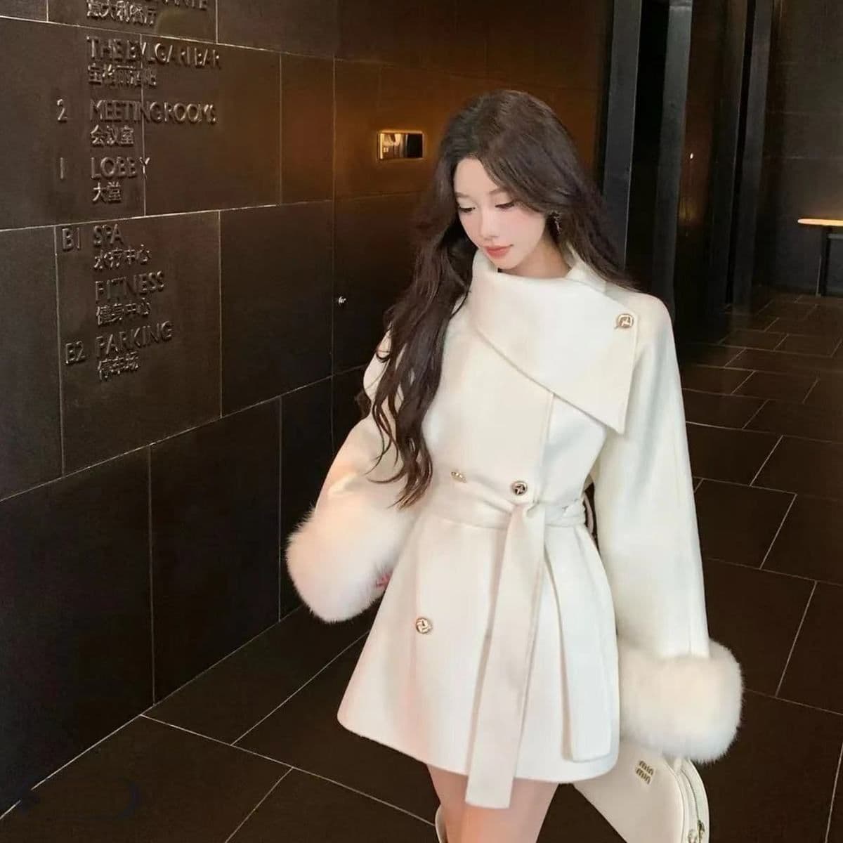 New style woolen sleeve coat waisted autumn lace mid-length woolen coat high-end loose coat women's white