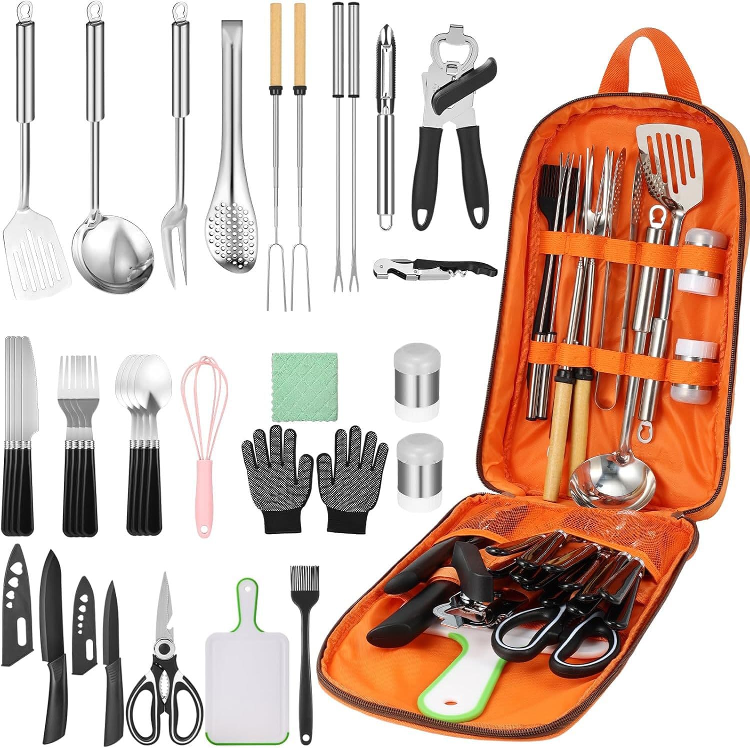 Outdoor stainless steel cookware set camping portable tableware bag Korean kitchenware storage bag 33-piece set picnic bag