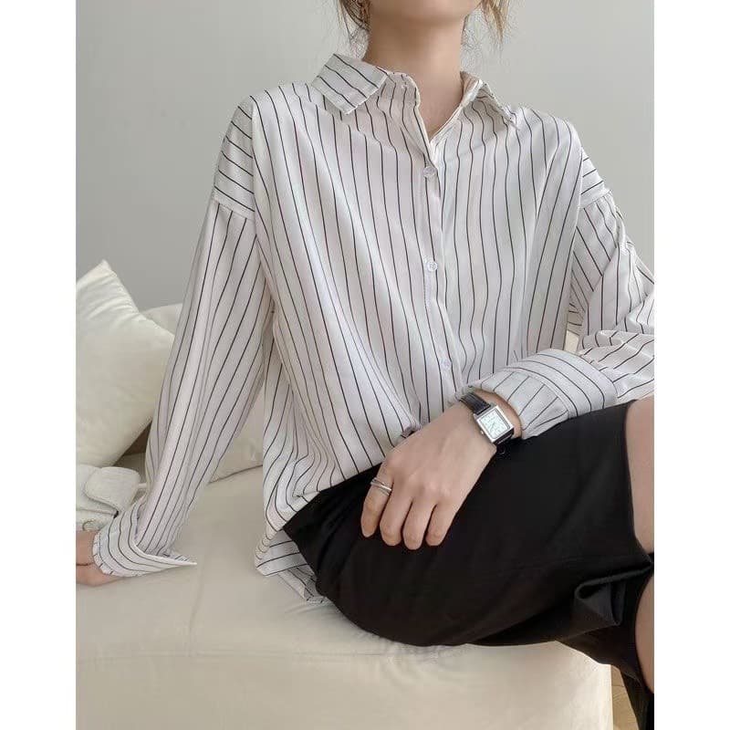 Spring and Autumn Vertical Stripe Shirt for Women, Long Sleeve Loose Fit Inner Layer Top, Designed with a Unique Sense, East Gate Style