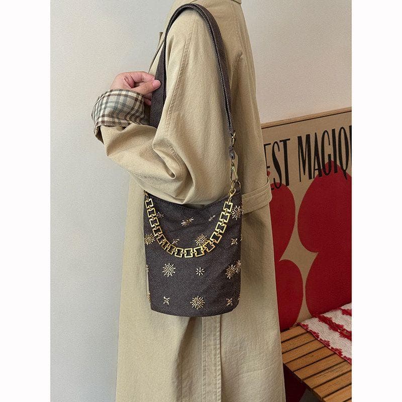 Vintage Beaded Embroidery Bucket Bag New Large Capacity Denim Shoulder Bag New Chinese Style Fashion Versatile Crossbody Bag