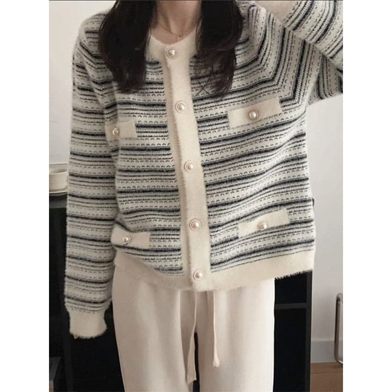 Little Fragrance Style Striped Imitation Mink Wool Cardigan Women's 2024 Autumn New Petite Loose Round Neck Knit Jacket