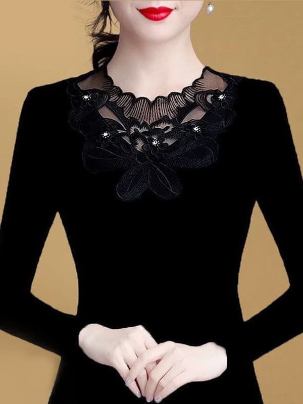 2025 Autumn/Winter New Black Mesh Base Layer Top, Mid-Neck, Plus Size, Long Sleeve Women's Top (Milk Silk Brushed)