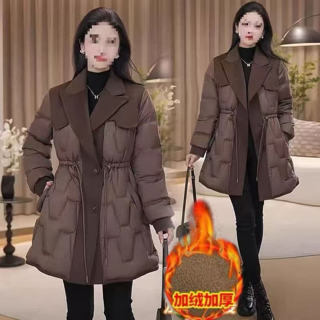 Winter Fashion Wool Blend Patchwork, Fleece-Lined Thickened Suit Collar, Slim-Fit Mid-Length Cotton Coat for Women
