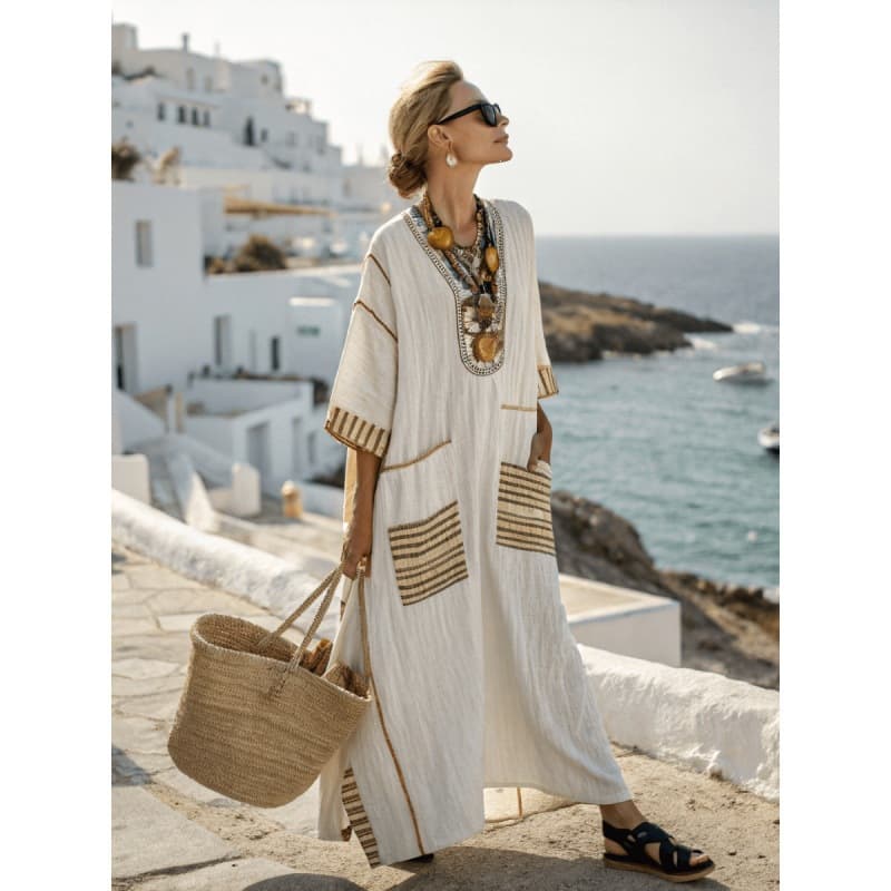 Cross-border cross-border Amazon European and American cross-border 3D digital printing V-neck five-quarter sleeve long patch pocket kaftan long skirt