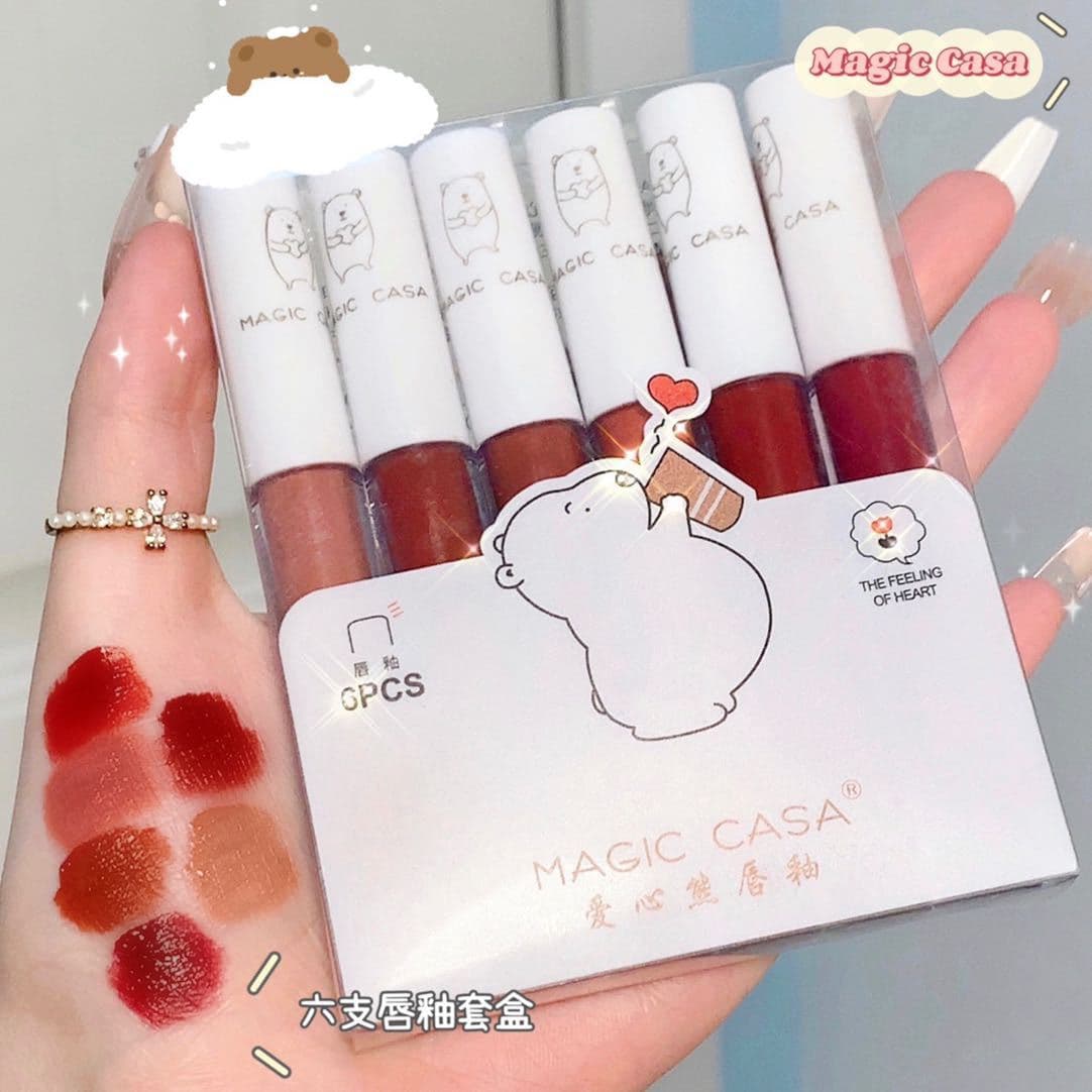 MAGIC CASA Heart Bear Lip Gloss 6-Piece Set Drop Shipping, Long-Lasting Non-Fading Matte Moisturizing Lip Mud