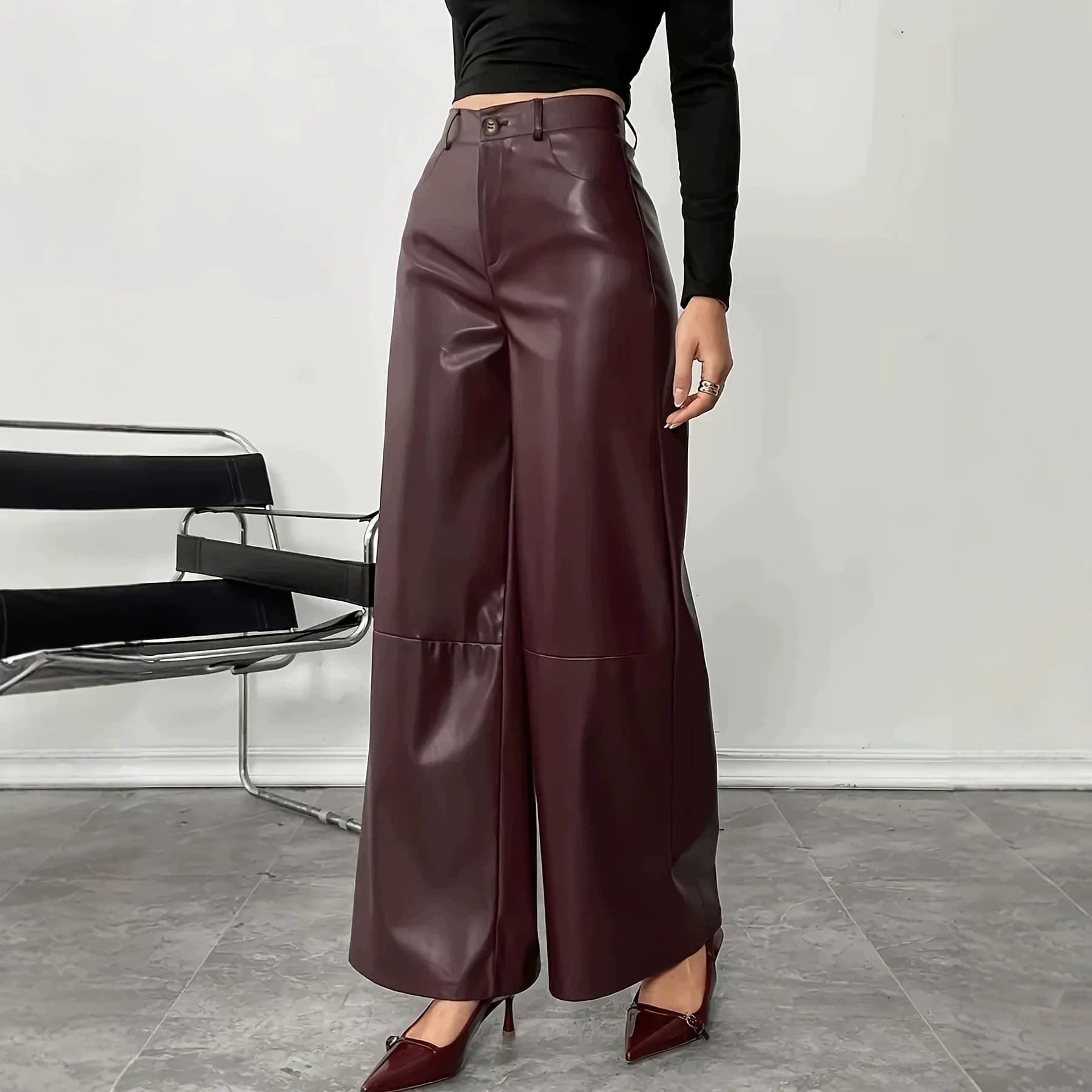 Long Flowing Black Leather Pants European and American Style Wide-Leg Pants Amazon Slimming Sheepskin Commuter Women's Loose Trousers