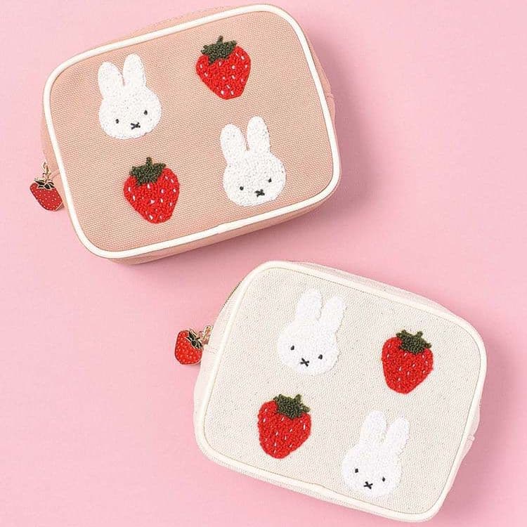 In Stock Japanese Miffy Strawberry Cartoon Cute Pink Square Cosmetic Storage Bag Portable Embroidery Fashion Lipstick Bag