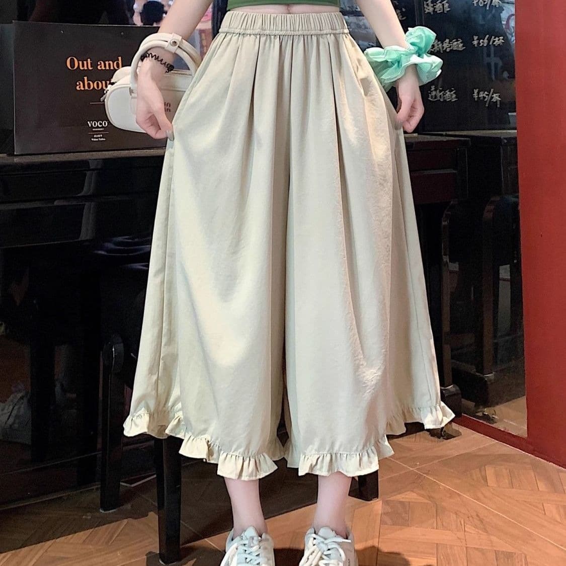 Women's Summer New Arrival Capri Pants Petite Wide-Leg Thin Loose Flattering Ruffled Trim Casual 7/8 Length Pants Skirt Pants