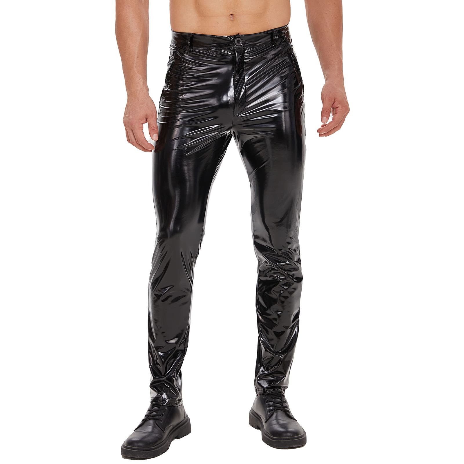 Cross-Border Product, European and American Men's Zipper Fly PU Shiny Leather Pants, Casual Straight-Leg Shaping Trousers, Accurate Sizing