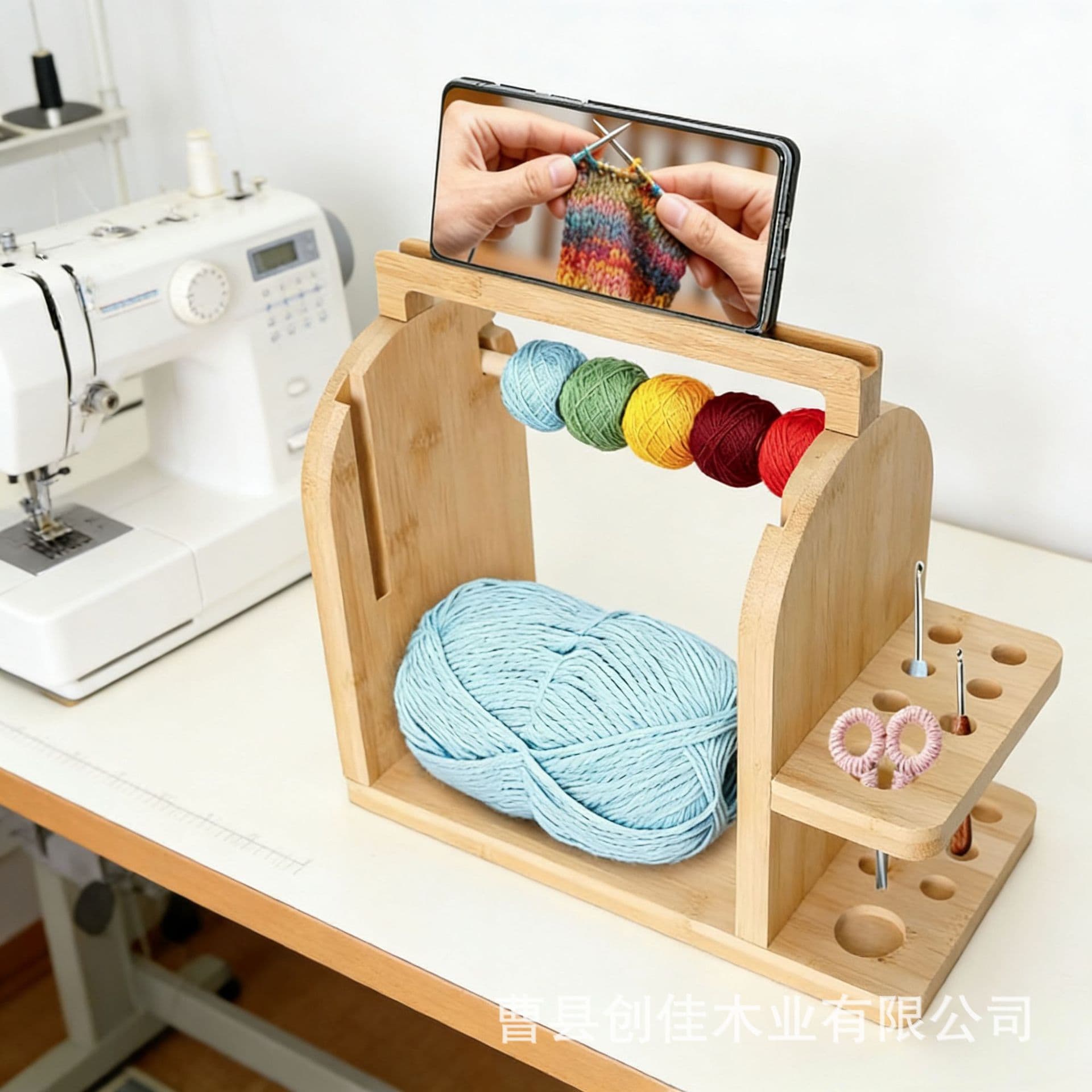 Wooden crochet yarn rack hand-woven spool storage rack solid wood double layer rotating yarn rack with mobile phone holder