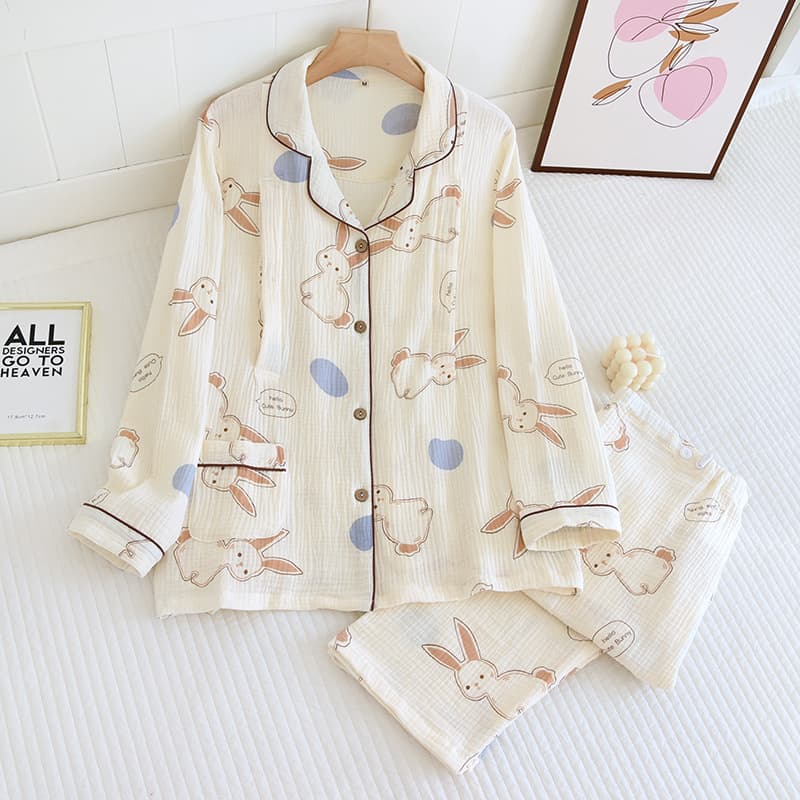 Summer Postpartum Thin Spring and Autumn Pure Cotton Gauze Lapel Plus Size Cotton Linen Nursing Maternity Pajamas
